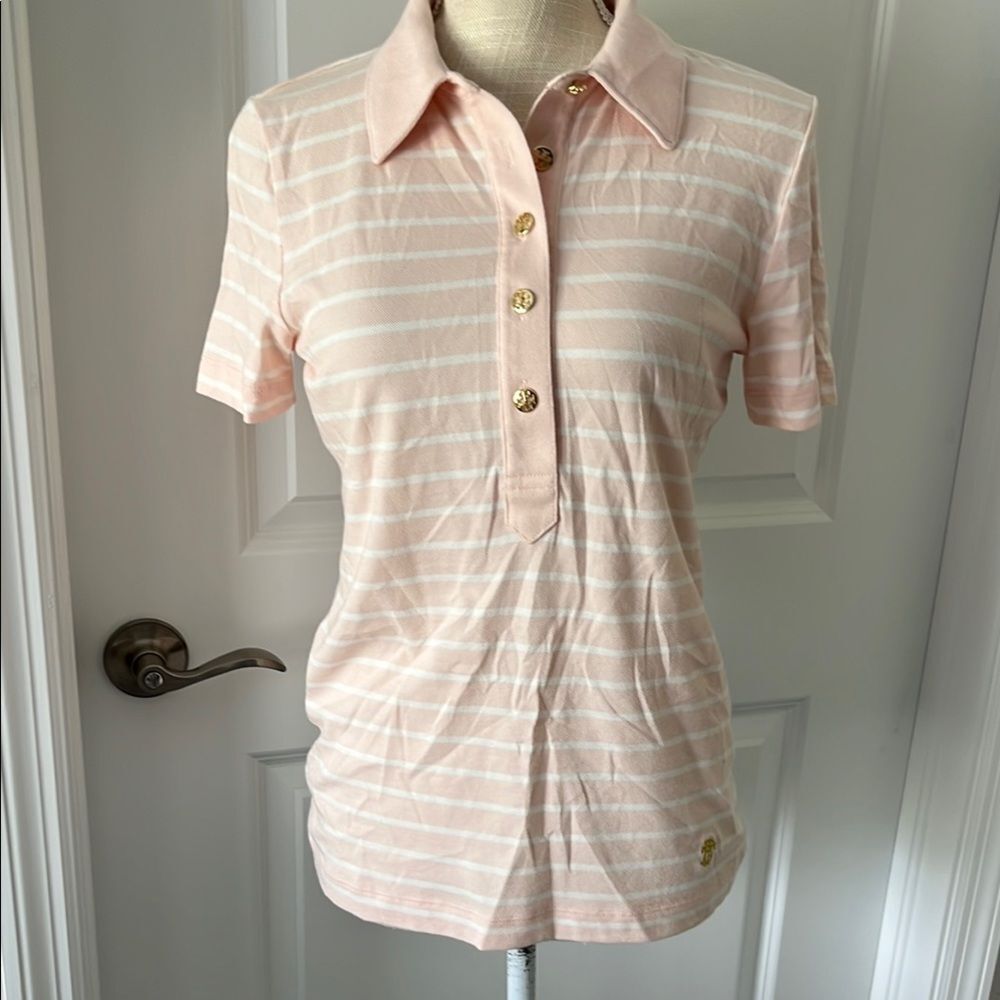 Tory Burch Pink Striped Polo Shirt Logo Buttons Pima Cotton Blend LOGO BUTTONS